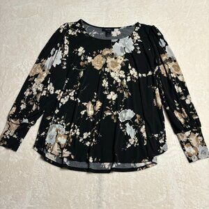 Karen Kane Long Sleeve Top Blouse Sz 2X Floral Print Black Art to Wear Lagenlook